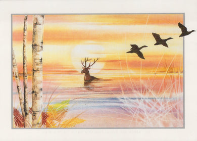 Artistic depiction of a deer and birds with a sunset background