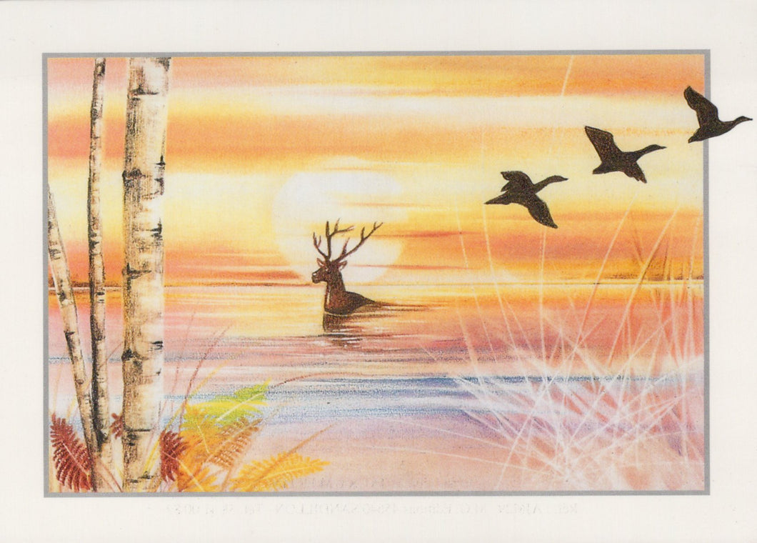 Artistic depiction of a deer and birds with a sunset background