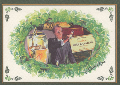 Vintage-style advertisement for Moét & Chandon with a man holding a bottle and glass, surrounded by greenery.