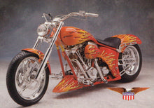 Load image into Gallery viewer, Orange motorcycle with flames on a gray background, featuring a brand logo.
