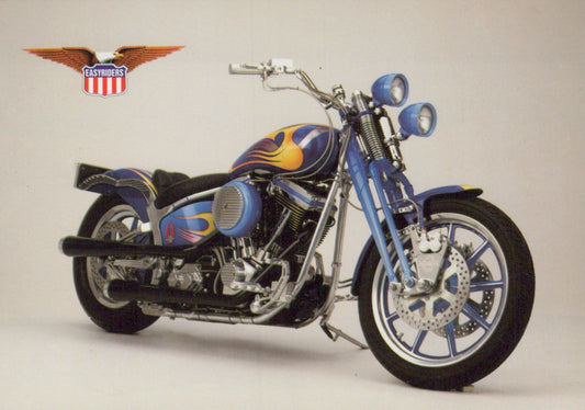 Motorcycle with flame design on a white background, featuring Eastwood logo.