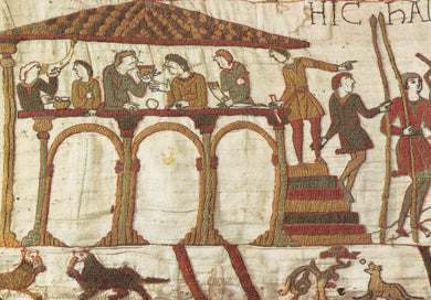 Section of the Bayeux Tapestry depicting a scene with people and animals.