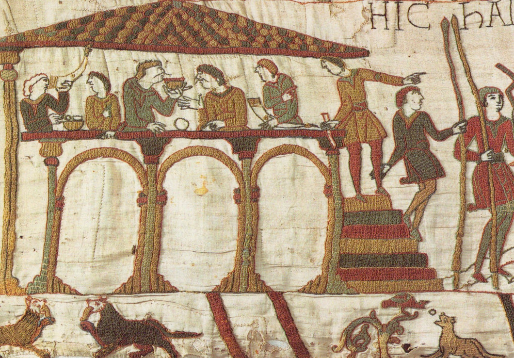 Section of the Bayeux Tapestry depicting a scene with people and animals.