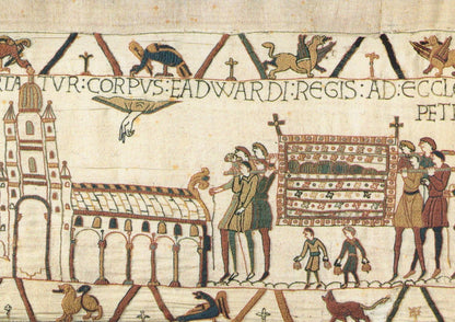 Detail from the Bayeux Tapestry showing a scene with people around a body, with text above.