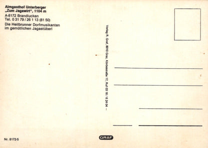 Vintage postcard back with text and Graf logo