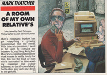 Load image into Gallery viewer, Person using a computer in a room with text about Mark Thatcher and a relative&#39;s command bunker.
