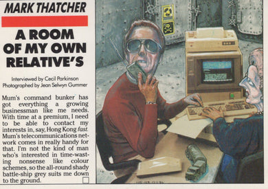 Person using a computer in a room with text about Mark Thatcher and a relative's command bunker.
