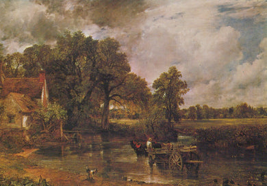 Landscape painting with a river, trees, and a house.