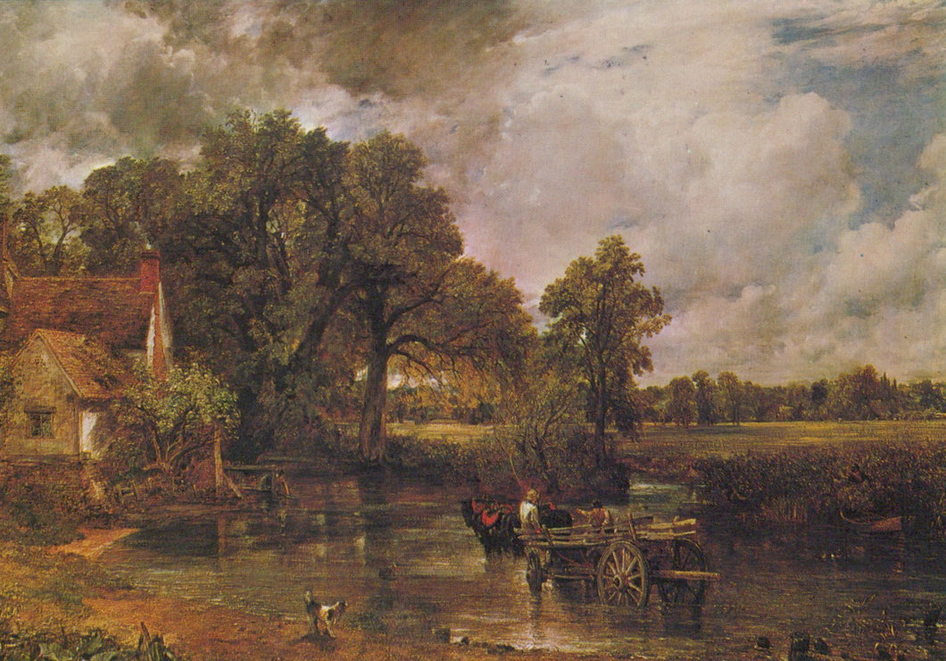 Landscape painting with a river, trees, and a house.