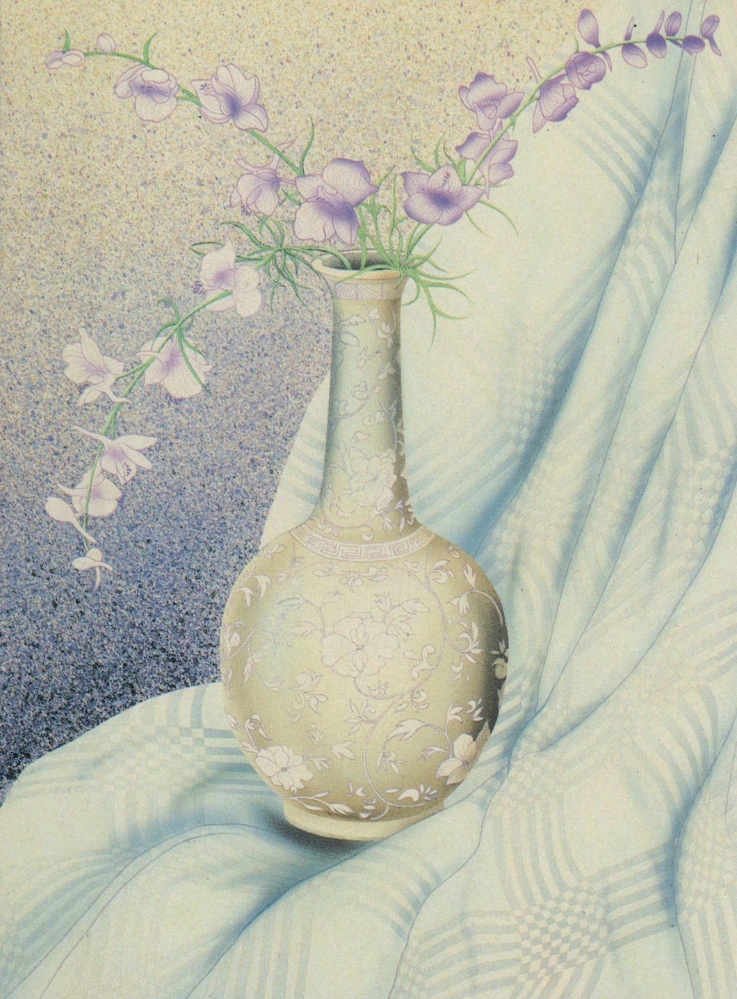 Decorative vase with flowers on a textured fabric background