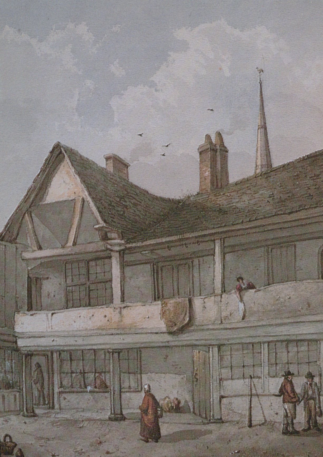 Historical illustration of a building with people and birds in the sky