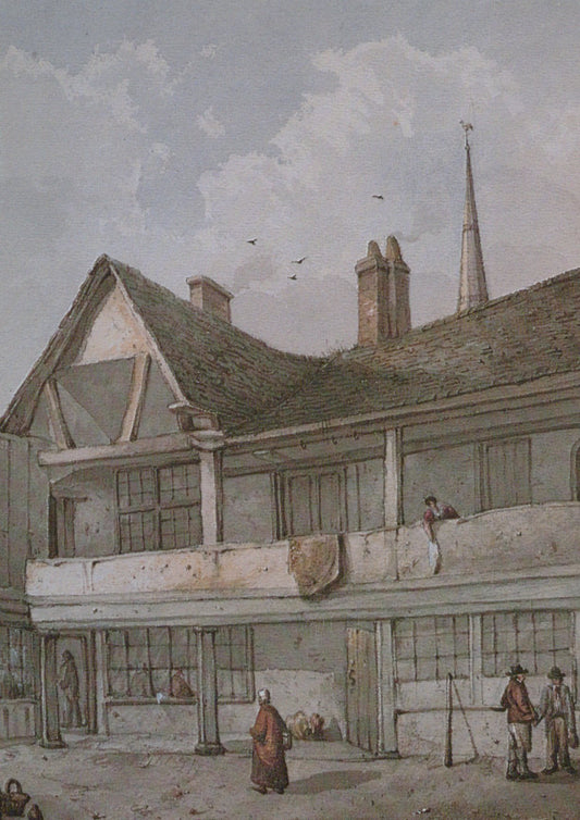Historical illustration of a building with people and birds in the sky