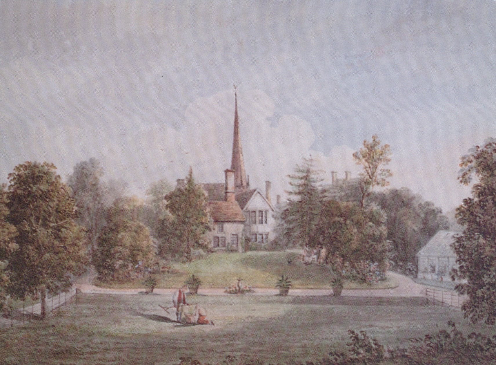 Painting of a church with a steeple and surrounding trees and buildings.