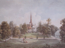 Load image into Gallery viewer, Painting of a church with a steeple and surrounding trees and buildings.
