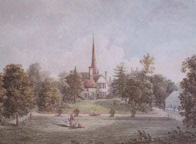 Painting of a church with a steeple and surrounding trees and buildings.