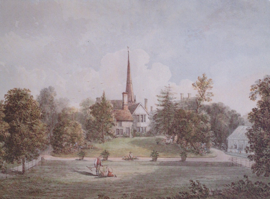 Painting of a church with a steeple and surrounding trees and buildings.