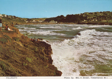Cliffside view of Polzeath with people on a grassy area overlooking the ocean.