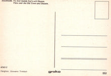 Load image into Gallery viewer, Back of a postcard with text and a view of Stockholm&#39;s Old Town and Slussen.
