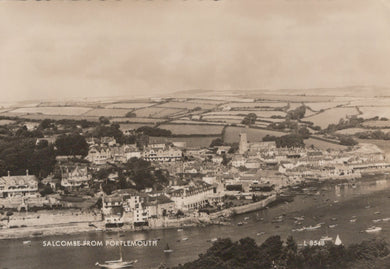 Vintage aerial view of Salcombe from Fortlemouth, showing a coastal town with buildings and a river.