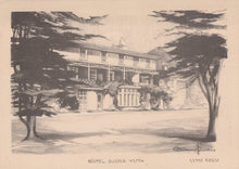 Load image into Gallery viewer, Black and white illustration of a hotel named &#39;Hotel Buena Vista&#39; with trees and a driveway.
