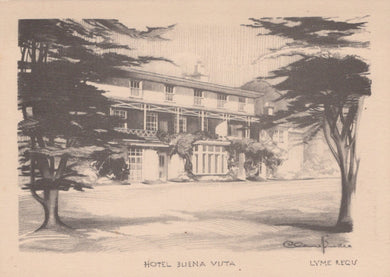 Black and white illustration of a hotel named 'Hotel Buena Vista' with trees and a driveway.