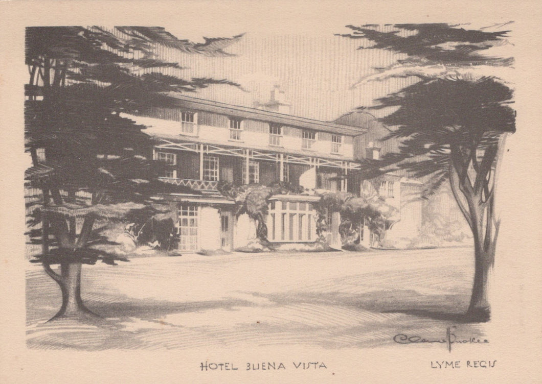 Black and white illustration of a hotel named 'Hotel Buena Vista' with trees and a driveway.