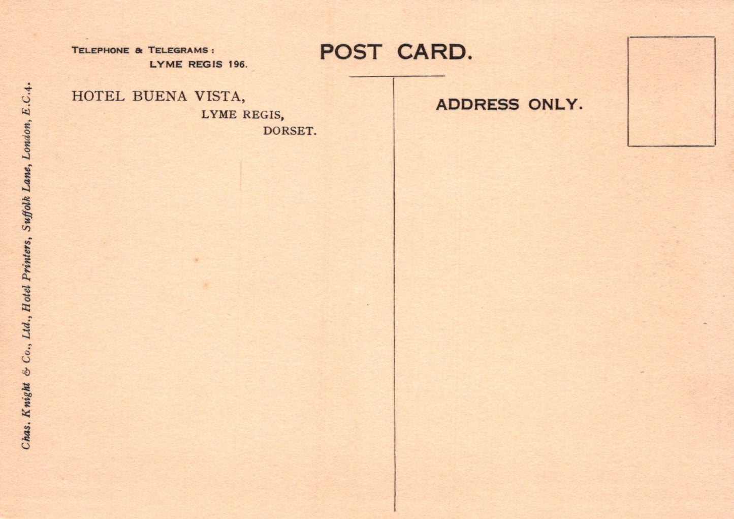 Back of a vintage postcard from Hotel Buena Vista, Lyme Regis, Dorset.