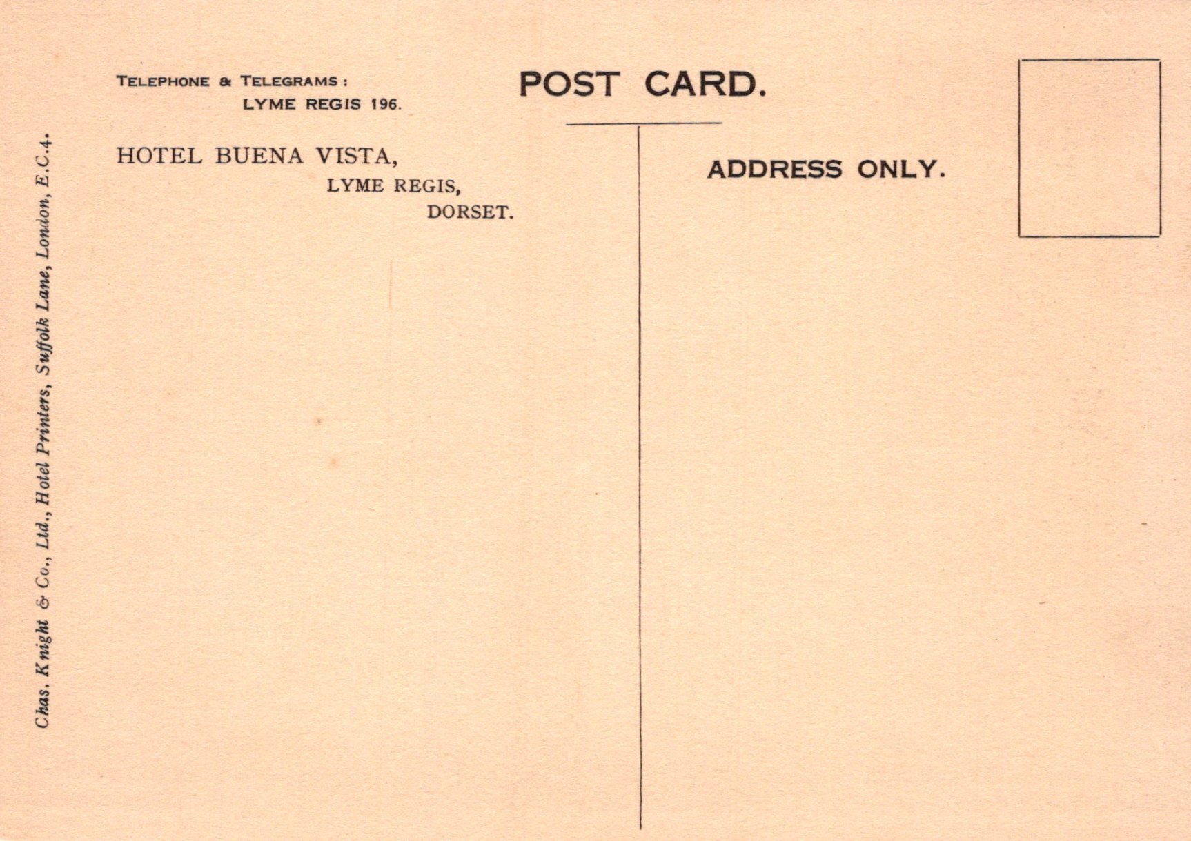 Back of a vintage postcard from Hotel Buena Vista, Lyme Regis, Dorset.