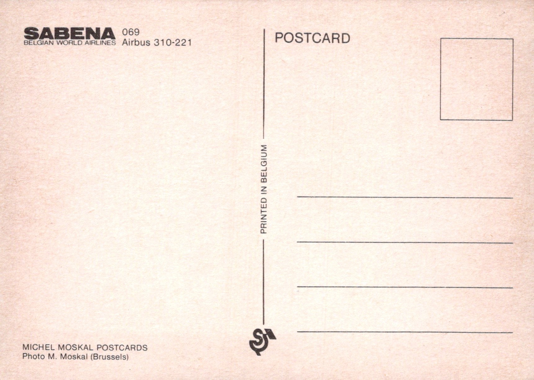 Back of a postcard with Sabena branding and text