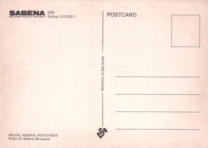 Back of a postcard with Sabena branding and text