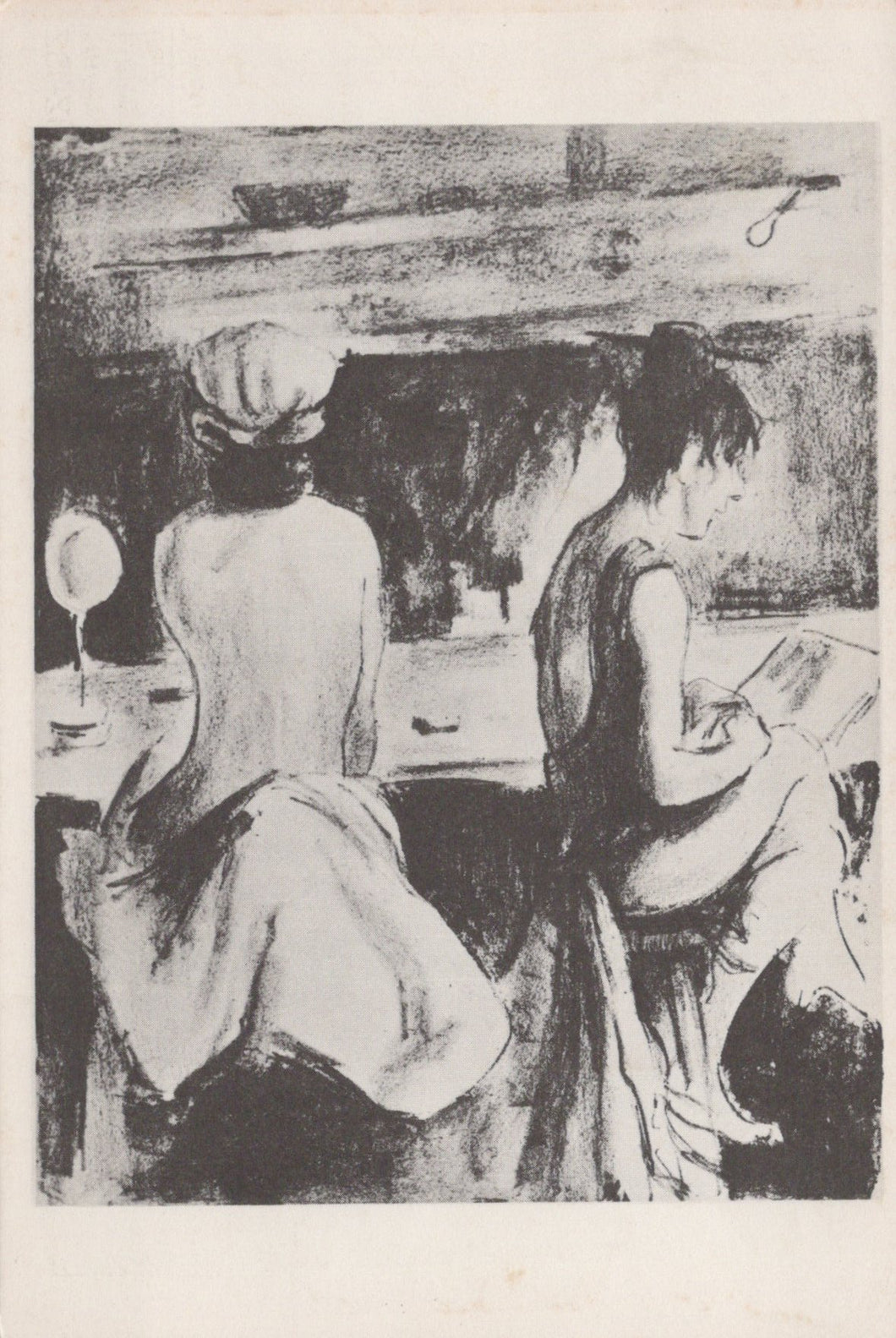 Artistic depiction of three women in a room with a mirror and a table.