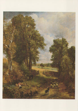 Landscape painting with trees, a path, and people in a field.