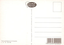 Load image into Gallery viewer, Back of a postcard with salmon watercolor design and text
