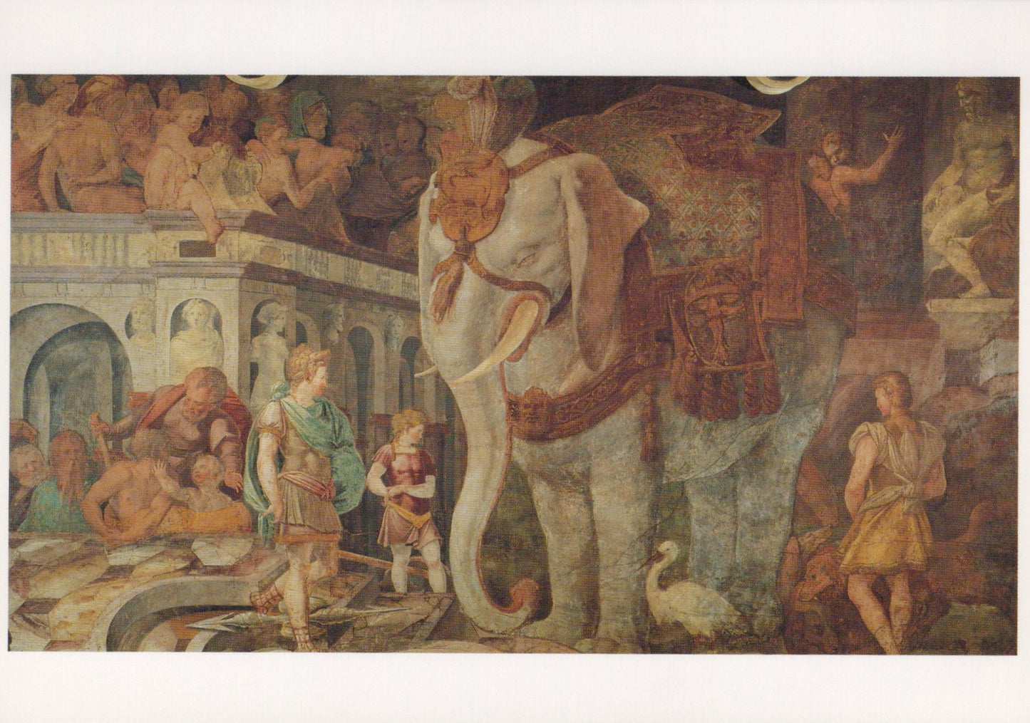 Mural depicting classical scene with figures and an elephant in a grand setting