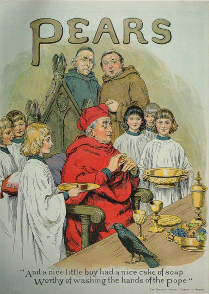 Vintage Pears soap advertisement with religious figures and children around a table.