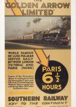 Load image into Gallery viewer, Vintage advertisement poster for &#39;The Golden Arrow Limited&#39; train service between London and Paris.
