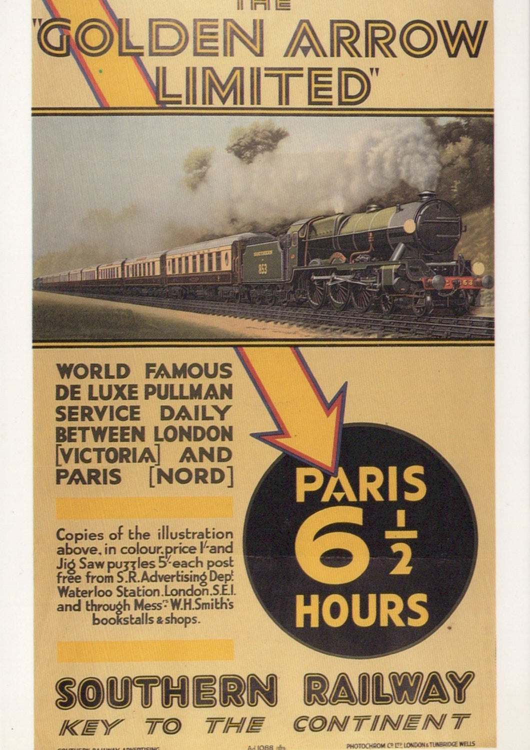 Vintage advertisement poster for 'The Golden Arrow Limited' train service between London and Paris.