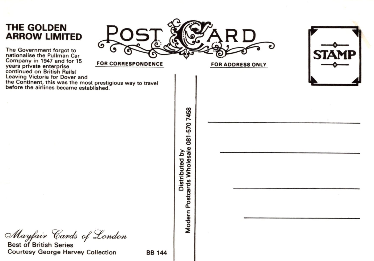 Back of a postcard with decorative text and branding