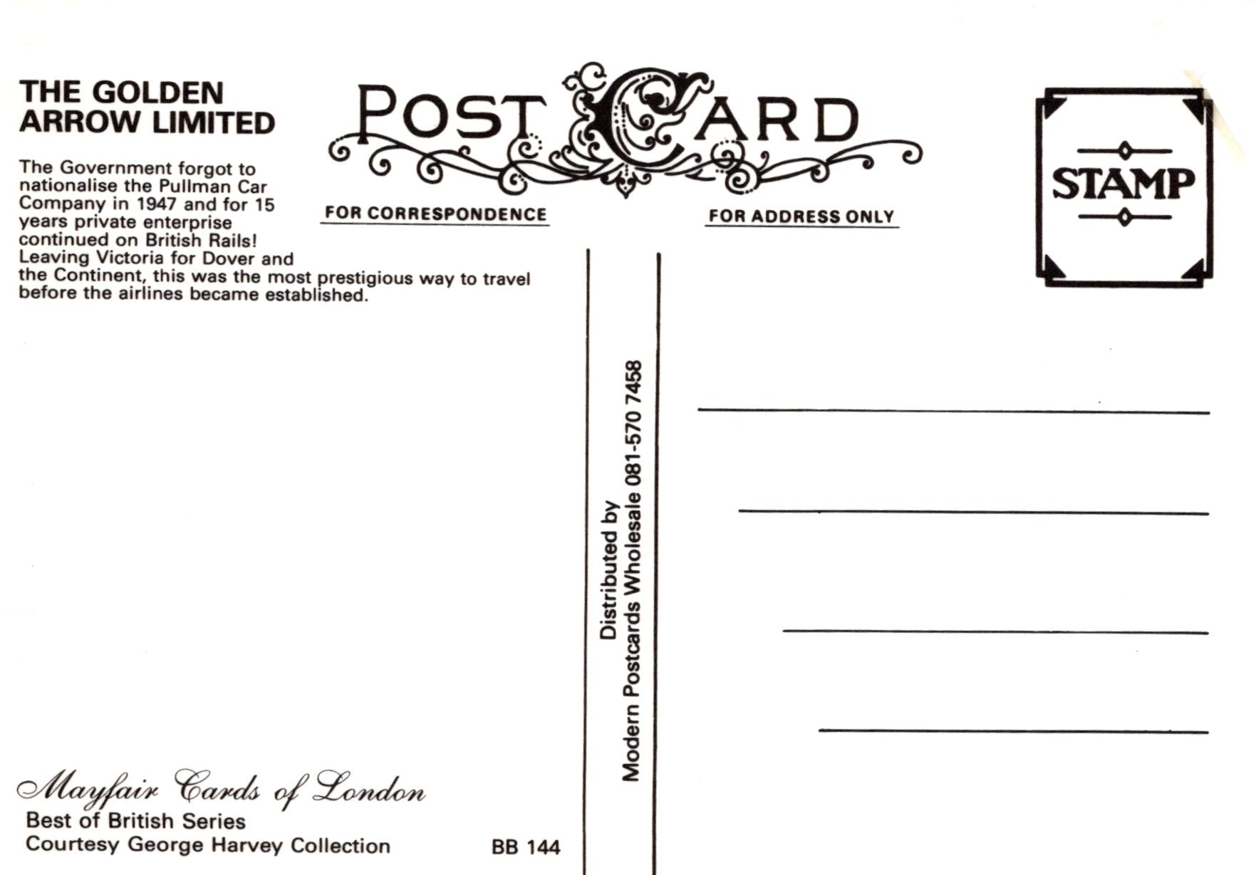 Back of a postcard with decorative text and branding