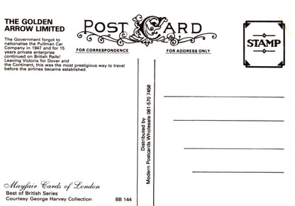 Back of a postcard with decorative text and branding