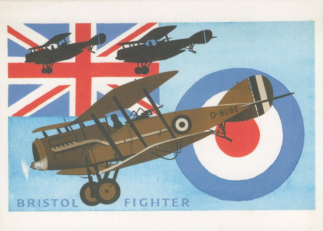 Vintage-style illustration of a Bristol Fighter airplane with a Union Jack flag in the background.