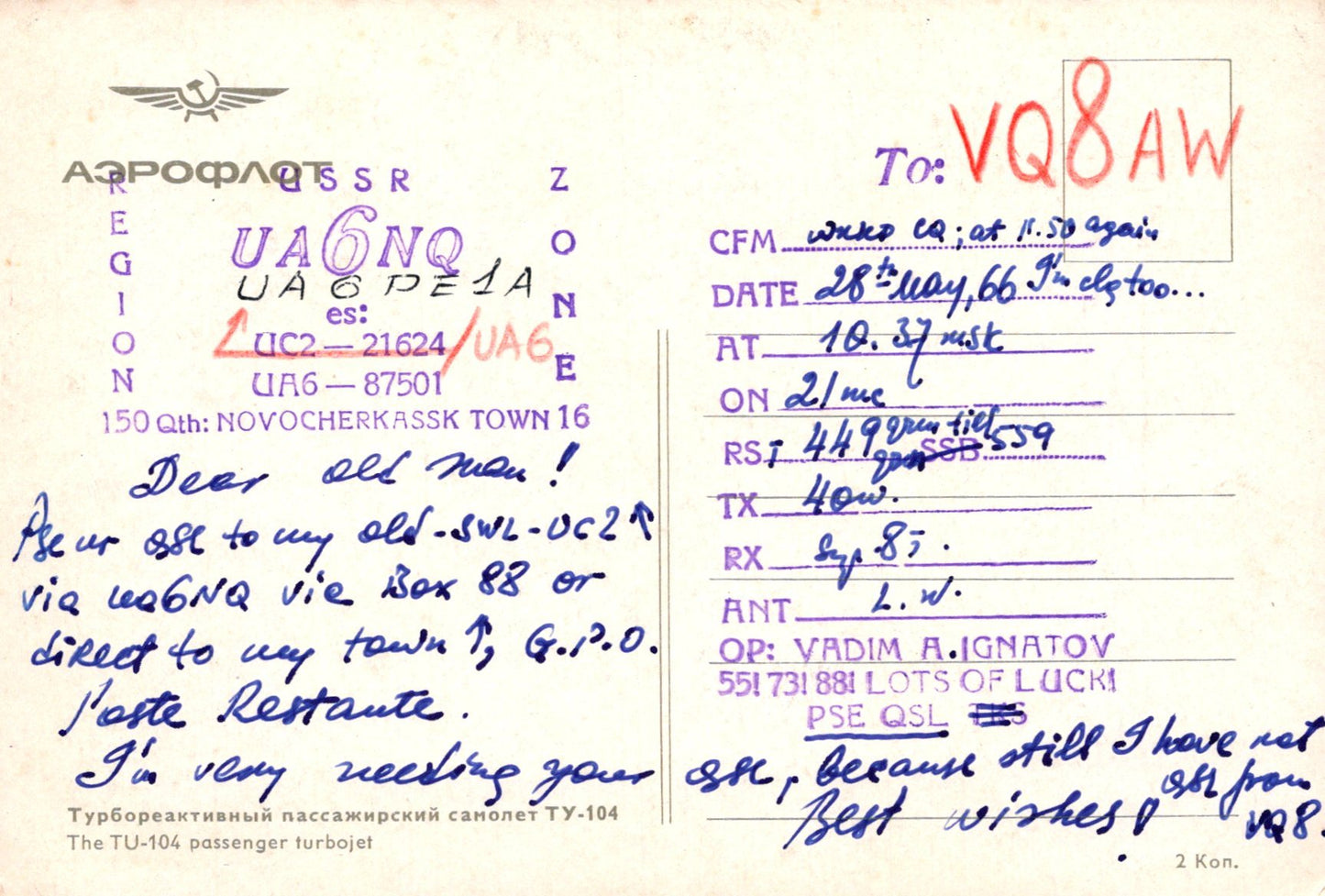 Vintage QSL card with handwritten text and station call signs