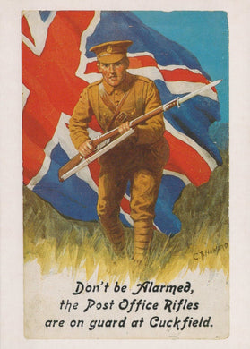 Vintage postcard of a soldier with a rifle in front of a British flag, featuring text about the Post Office Rifles.