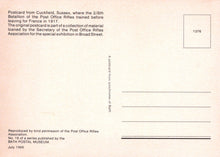 Load image into Gallery viewer, Back of a postcard from Cuckfield, Sussex with text about the Post Office Rifles and Bath Postal Museum.
