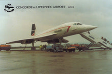Load image into Gallery viewer, Concorde airplane at Liverpool Airport with visible branding and airport infrastructure.
