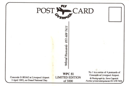 Vintage postcard with Concorde airplane design and text about Liverpool Airport.