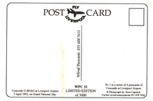 Load image into Gallery viewer, Vintage postcard with Concorde airplane design and text about Liverpool Airport.
