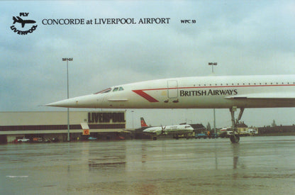 Concorde airplane on the tarmac at Liverpool Airport with British Airways branding.