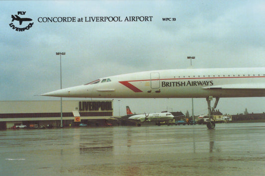 Concorde airplane on the tarmac at Liverpool Airport with British Airways branding.