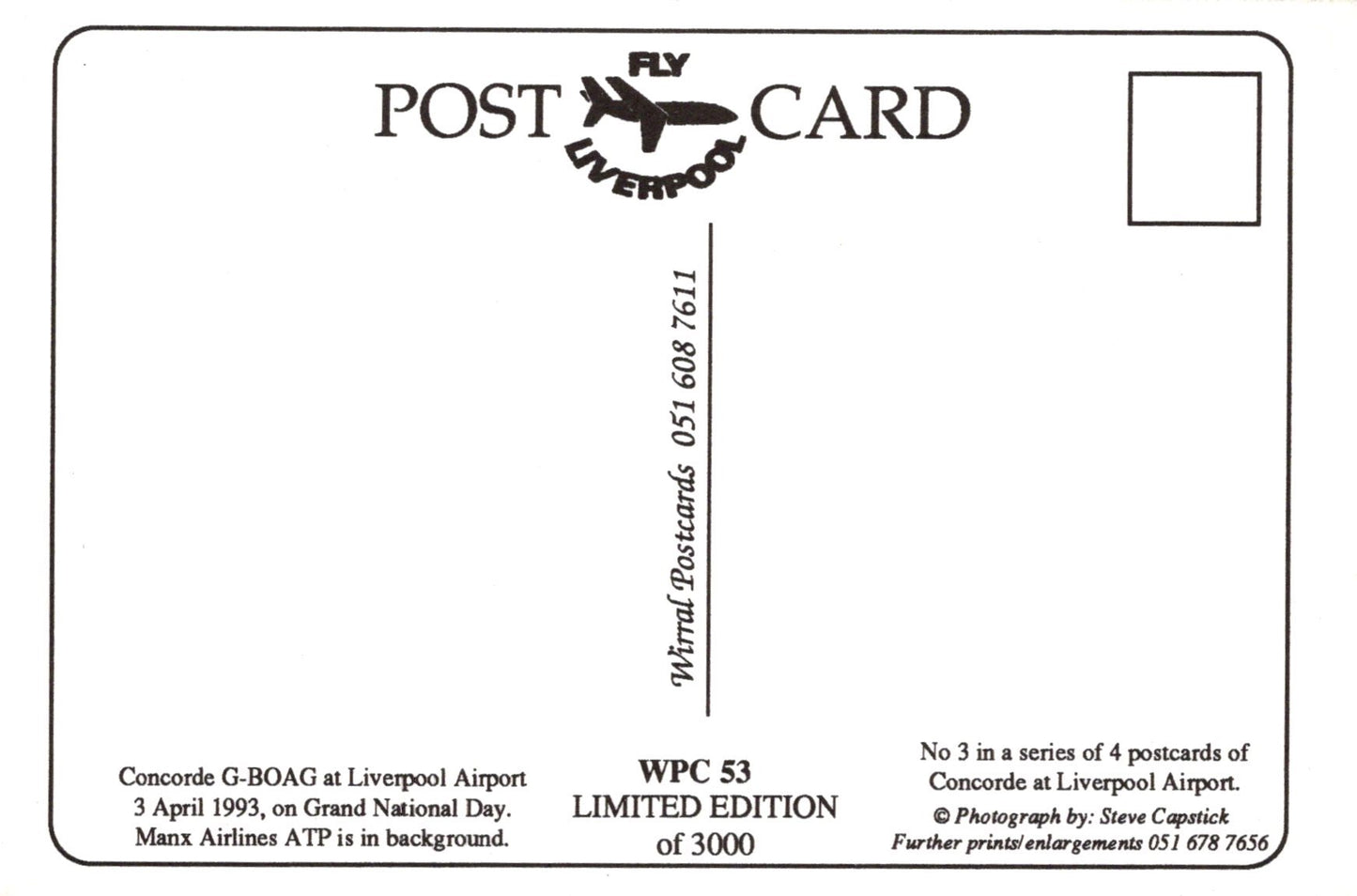 Back of a postcard with text and logo, featuring 'Wirral Postcards' branding.